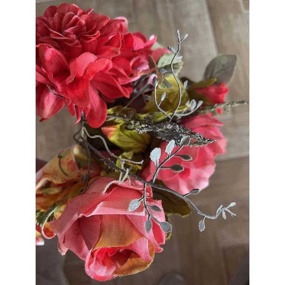 SPRING Flower BOUQUET Handmade Bow Coral Red Yellow Purple Peony Rose Zinnia